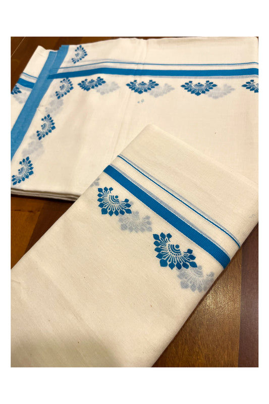 Kerala Pure Cotton Set Mundu Single (Mundum Neriyathum) with Light Blue Block Prints