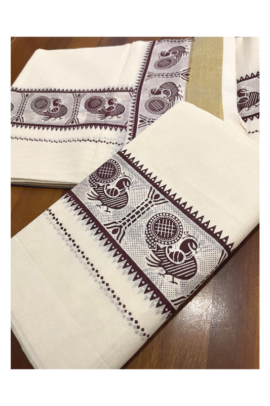 Cotton Kerala Single Set Mundu with Brown Peacock Block Prints on Border