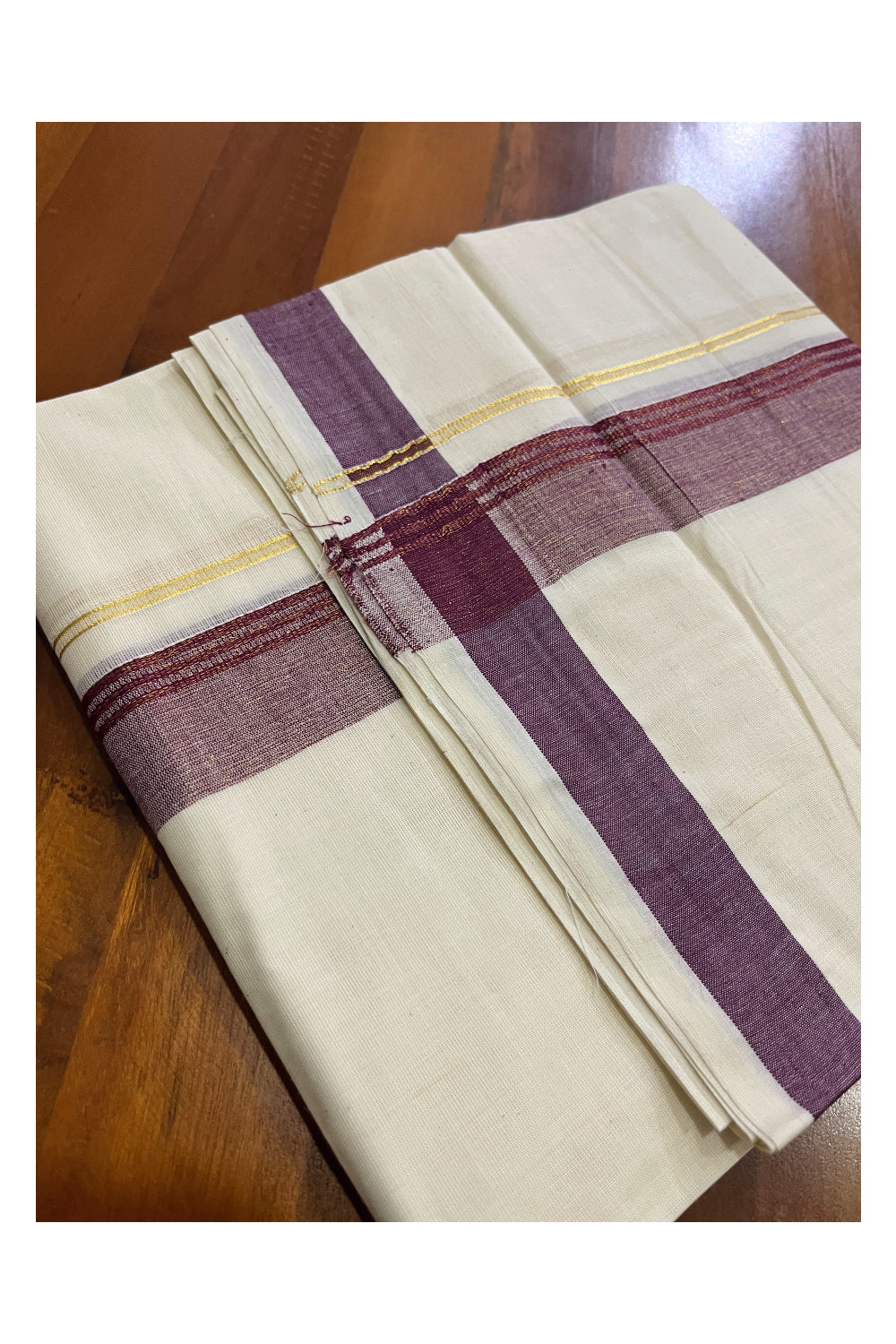 Off White Kerala Cotton Double Mundu with Kasavu and Purple Border (South Indian Kerala Dhoti)