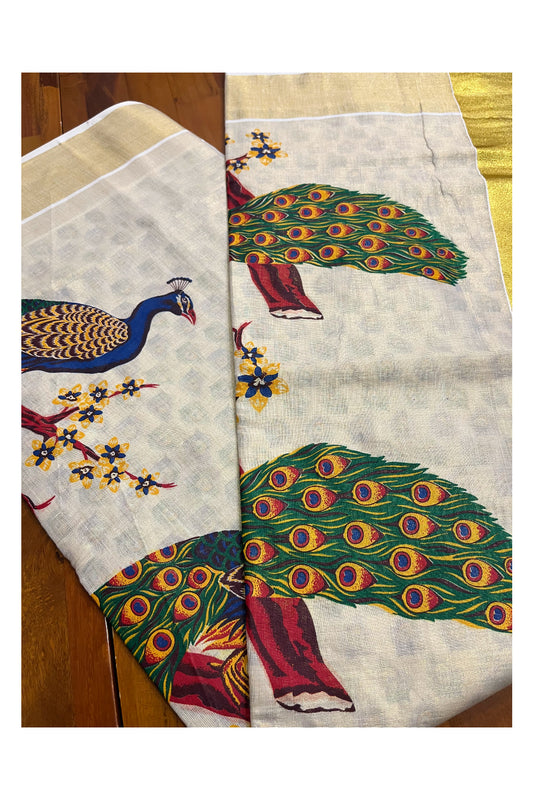 Kerala Copper Tissue Kasavu Saree With Mural Peacock Design (include Printed Running Blouse)