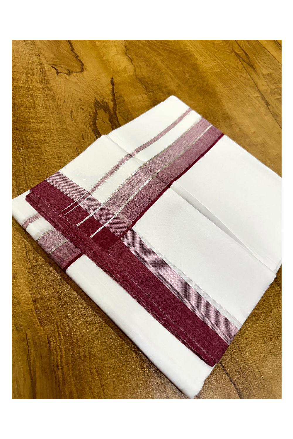 Pure White Cotton Double Mundu with Maroon and Silver Kasavu Border (South Indian Kerala Dhoti)