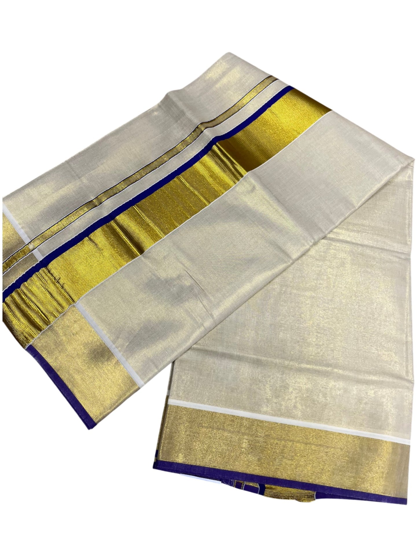 Southloom Kerala Tissue Kasavu Plain Saree With Blue Border