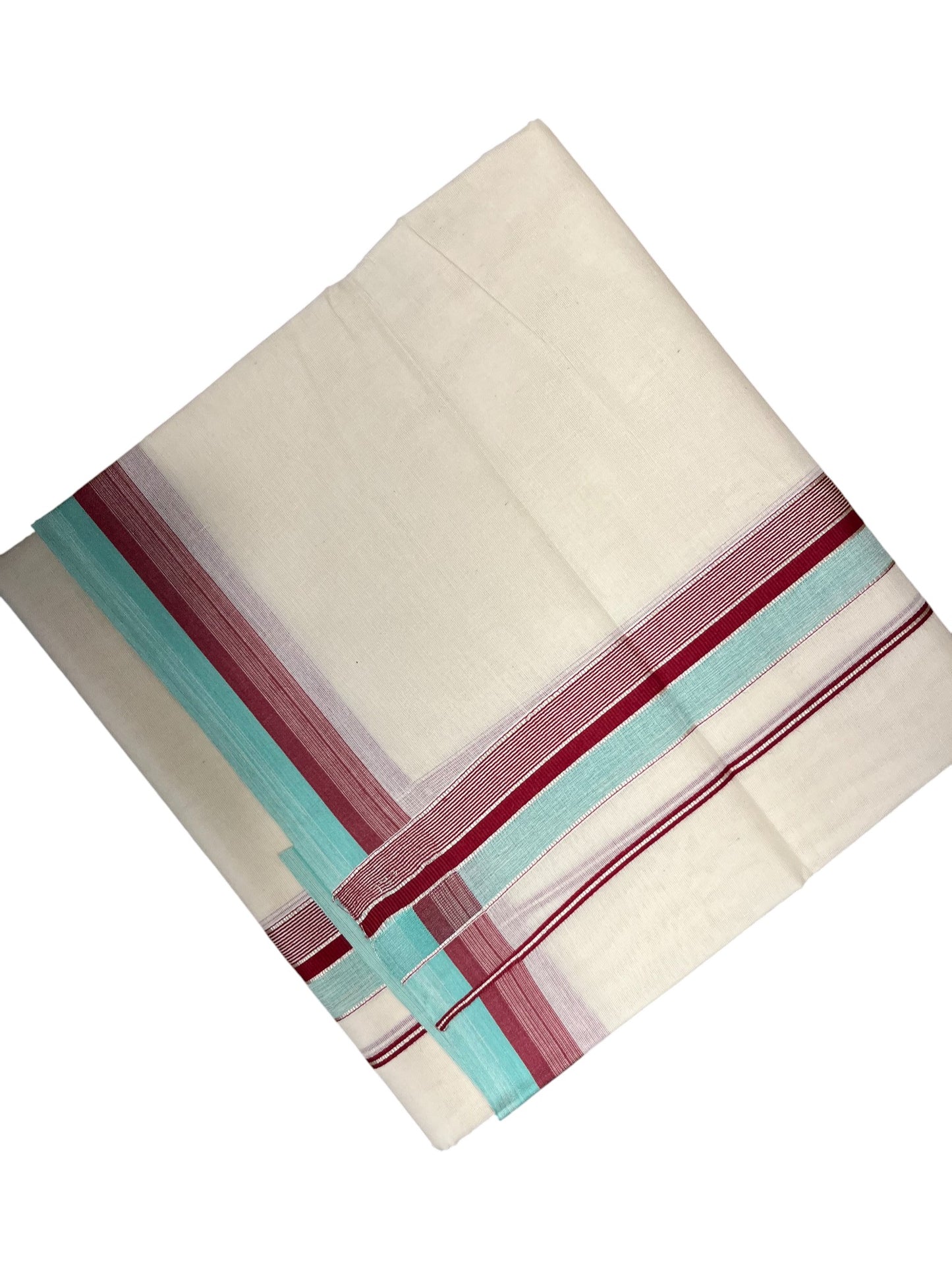 Southloom Kerala Pure Cotton Double Mundu with Maroon And Blue Silver Lines Border (South Indian Dhoti)