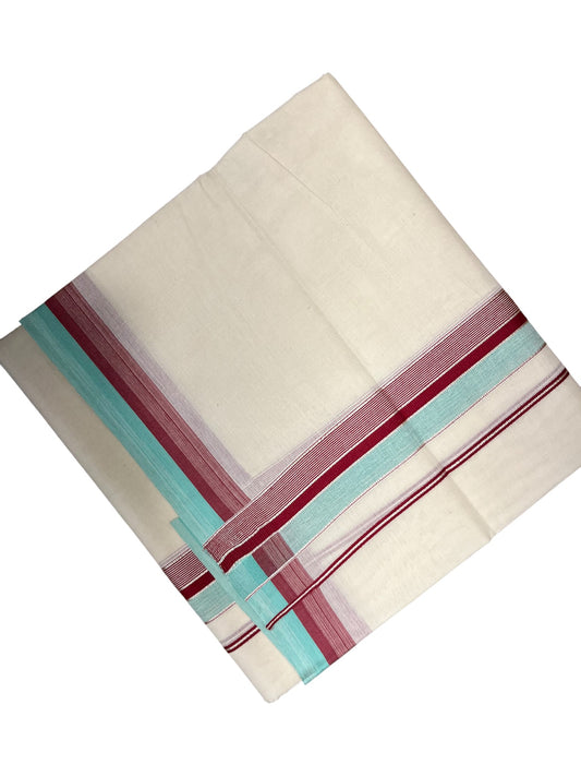 Southloom Kerala Pure Cotton Double Mundu with Maroon And Blue Silver Lines Border (South Indian Dhoti)