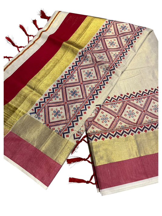 Southloom Kerala Tissue Kasavu Saree Red Hand Printed