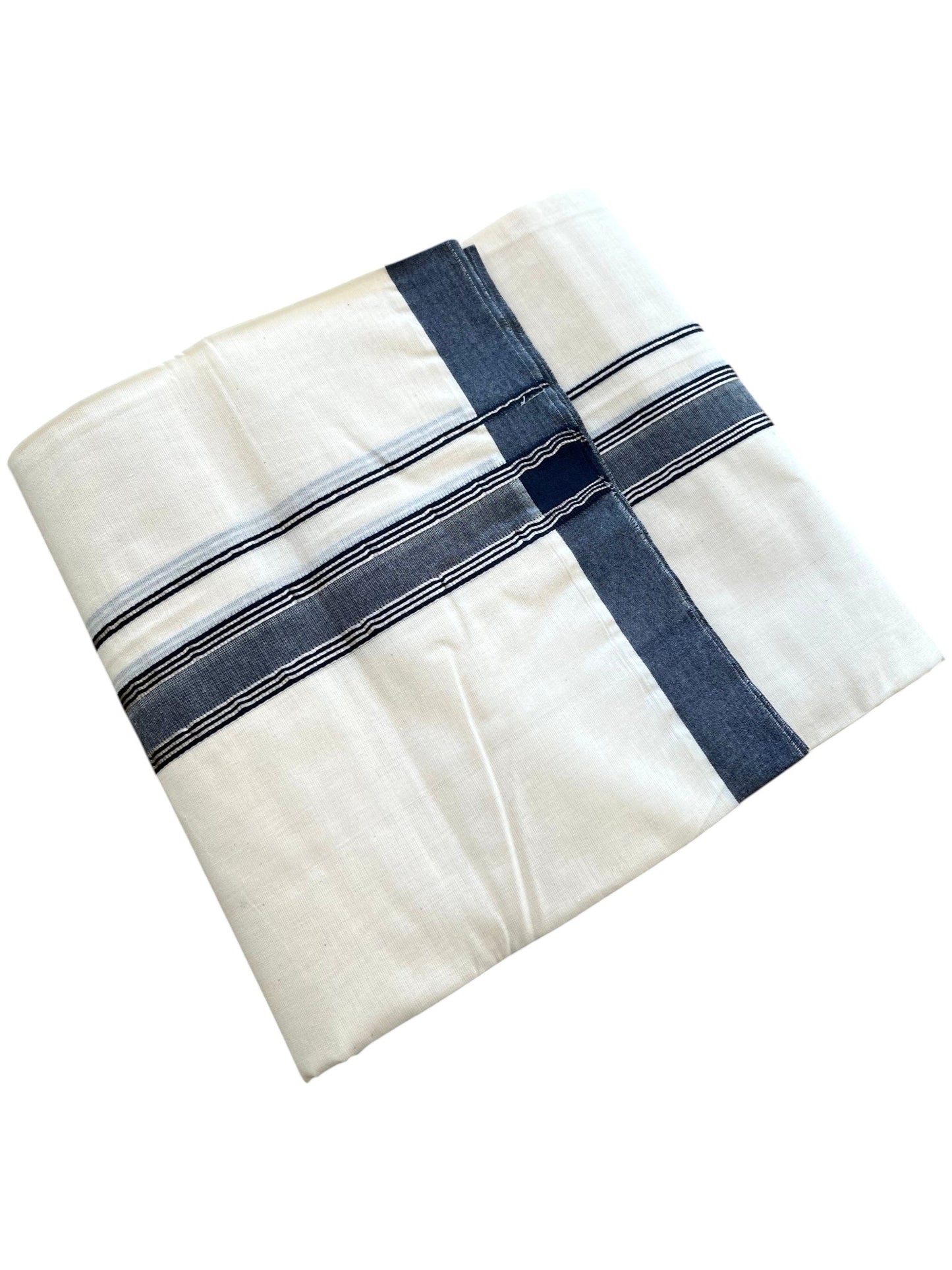 Southloom Pure Cotton Mundu with Silver Lines and Blue Border (South Indian Kerala Dhoti)