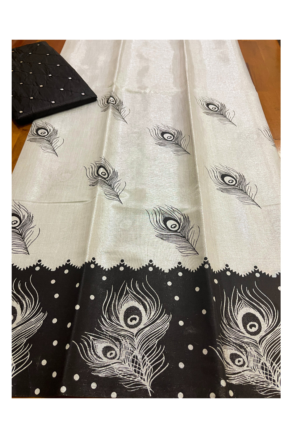 Kerala Silver Tissue Block Printed Pavada and Black Designer Blouse Material for Kids/Girls 4.3 Meters