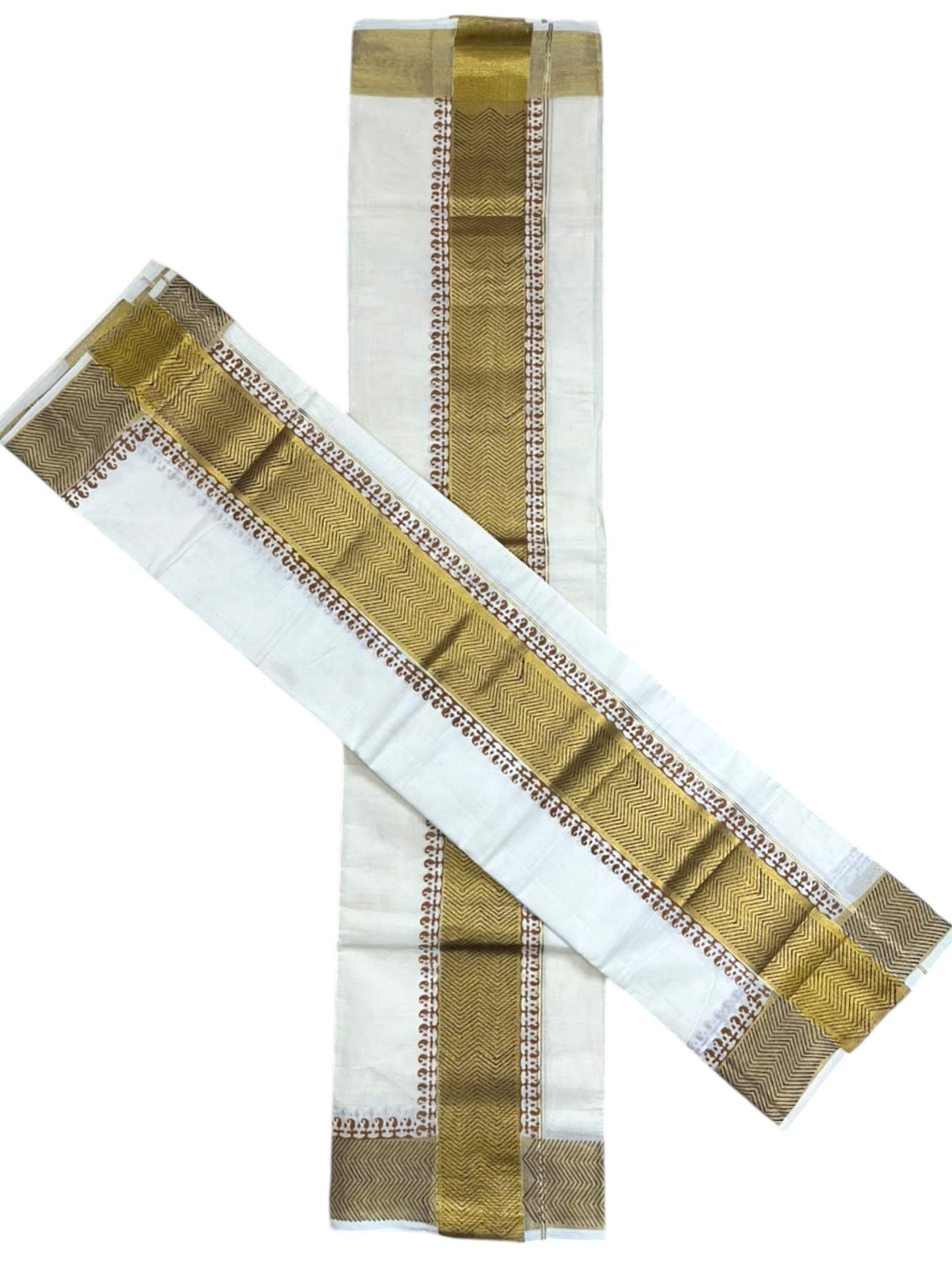 Southloom Pure Cotton Set Mundu with Gold Kasavu and Digital Print in Mustard Yellow 2.80 Mtrs SL374