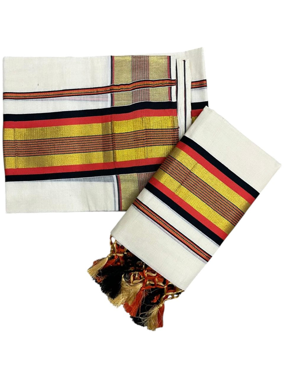 Southloom Kerala Cotton Kasavu Single Set Mundu (Mundum Neriyathum) with Orange and Gold Kasavu Lines .SLKK SL518