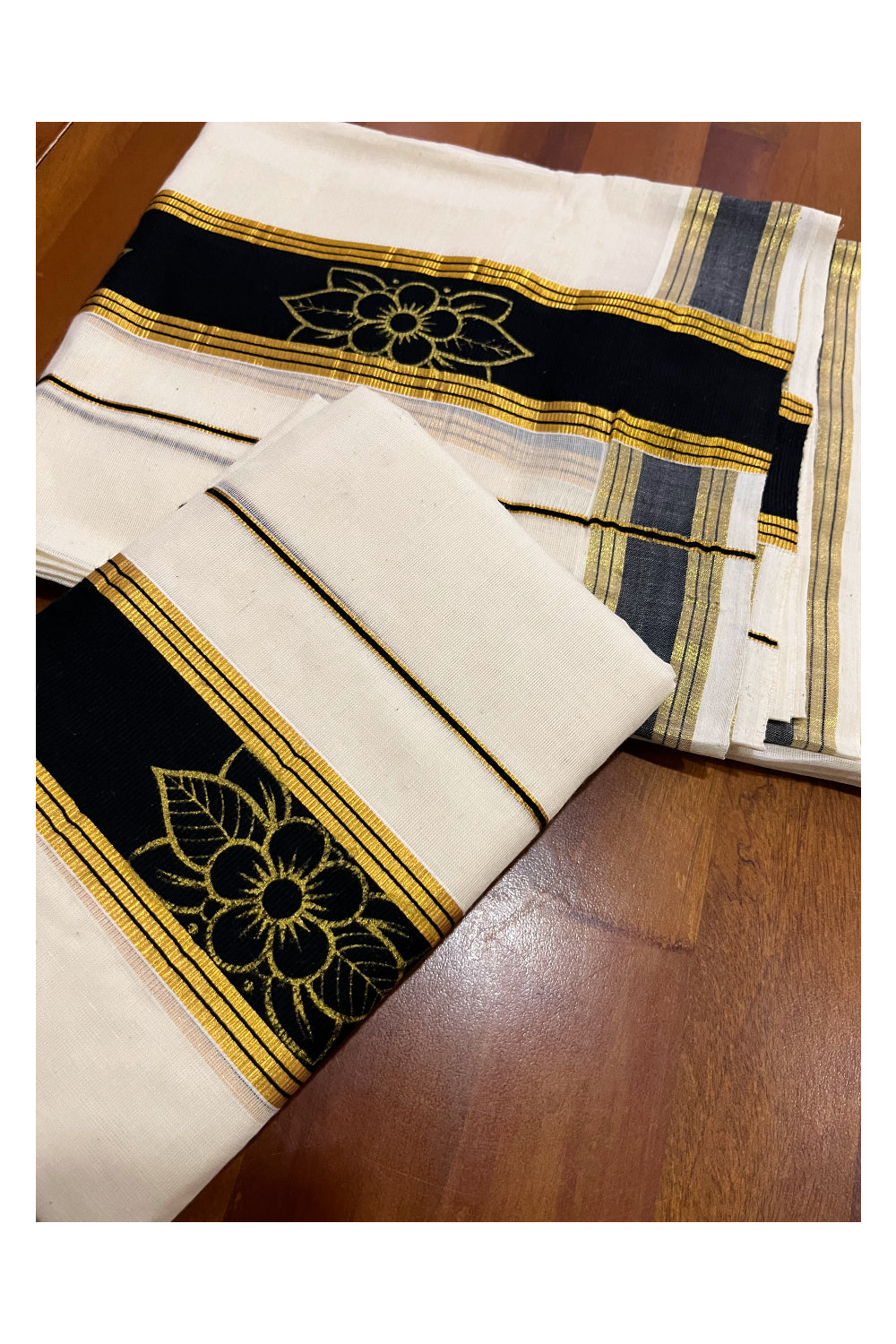 Kerala Cotton Mundum Neriyathum Single (Set Mundu) with Kasavu Block Printed Black Border (Onam Set Mundu 2023)