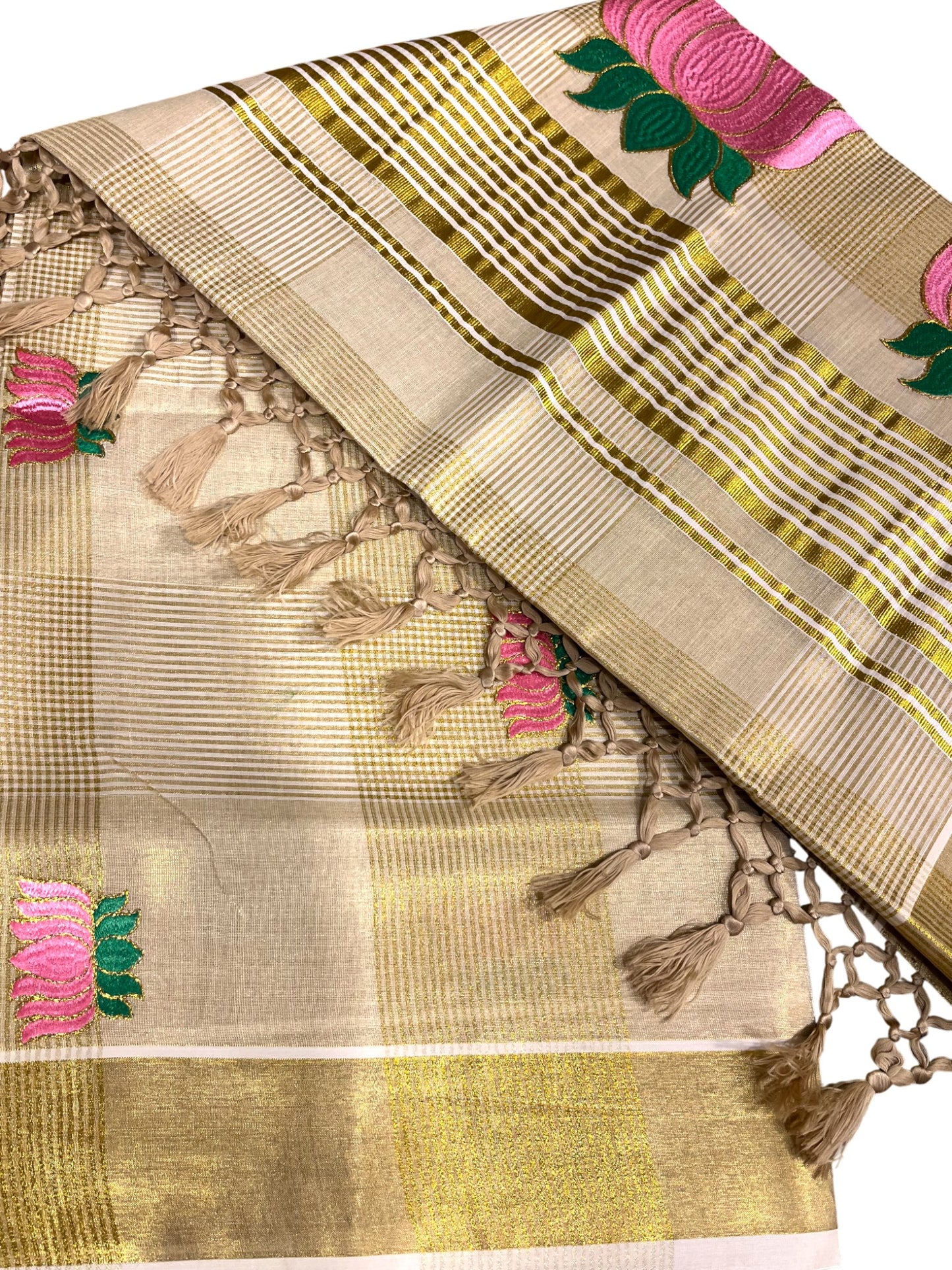 Southloom Lotus Baby Pink and Green Embroidery Check Tissue Saree With Tussles