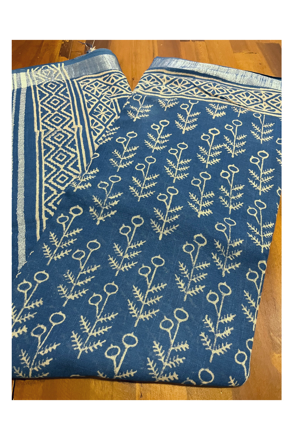 Southloom Linen Blue Saree with Designer Prints on Body