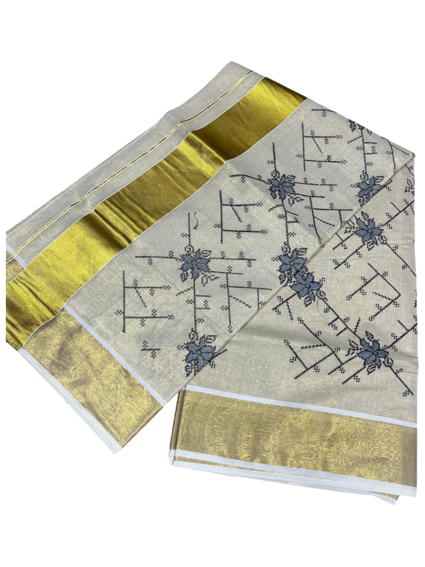 Southloom Tissue Kerala Kasavu Saree with Floral Embroidery Work on Body in Grey