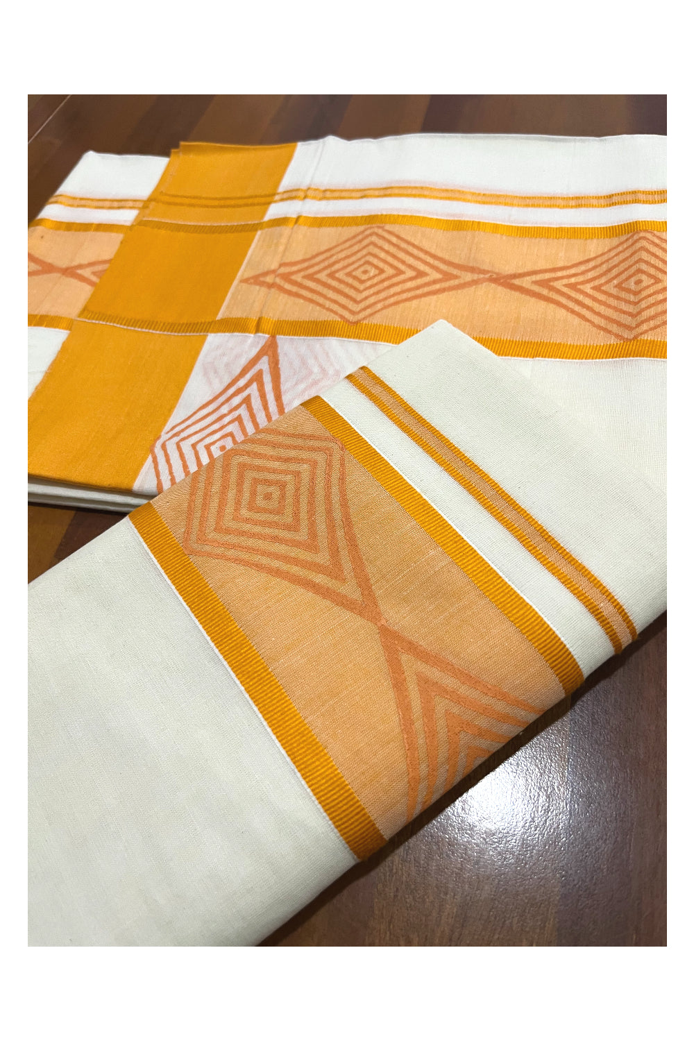 Pure Cotton Kerala Single Set Mundu (Mundum Neriyathum) with Orange Block Printed Border