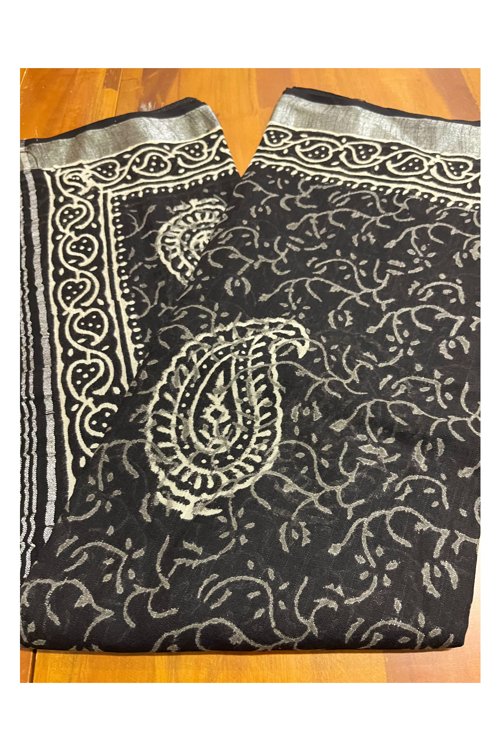 Southloom Linen Black Designer Saree with Pasley Prints