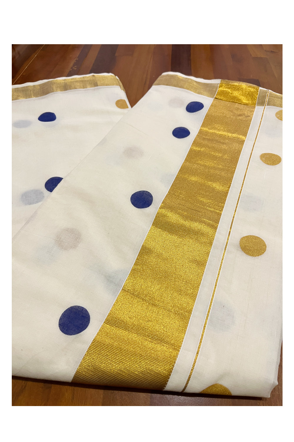 Pure Cotton Off White Kerala Kasavu Saree with Blue and Golden Polka Block Printed Design