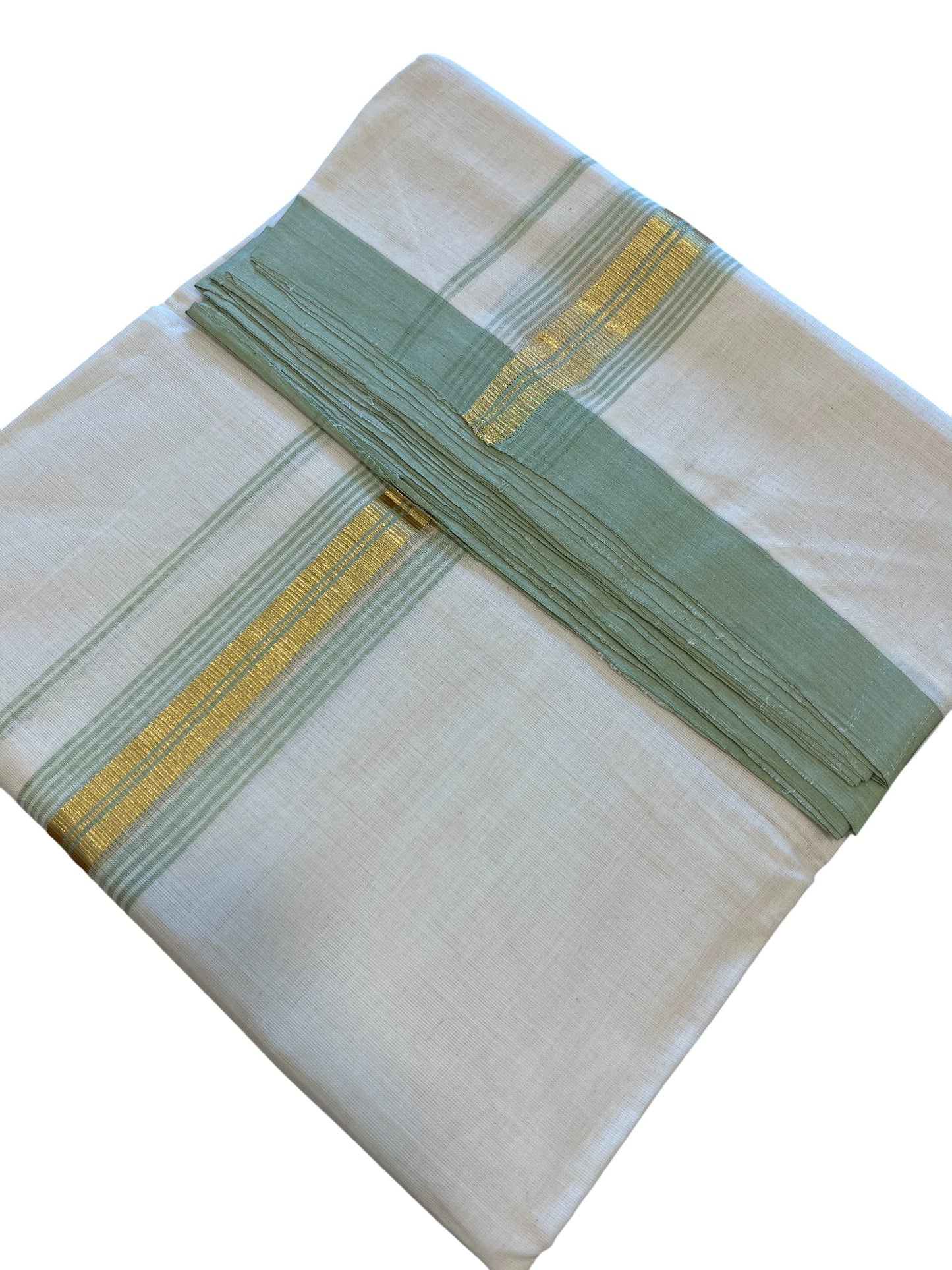 Southloom Premium Handloom Cotton Double Mundu with Gold and Green Border