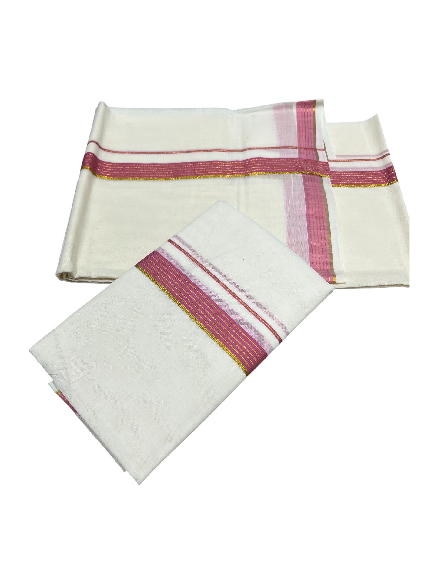 Pure Cotton Kerala Single Set Mundu (Mundum Neriyathum) with Pink Kasavu Border in 2.80 Mtrs