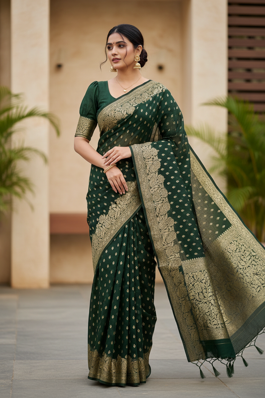 Southloom Cotton Banarasi Silk Saree with Woven Work on Body and Borders (Green)