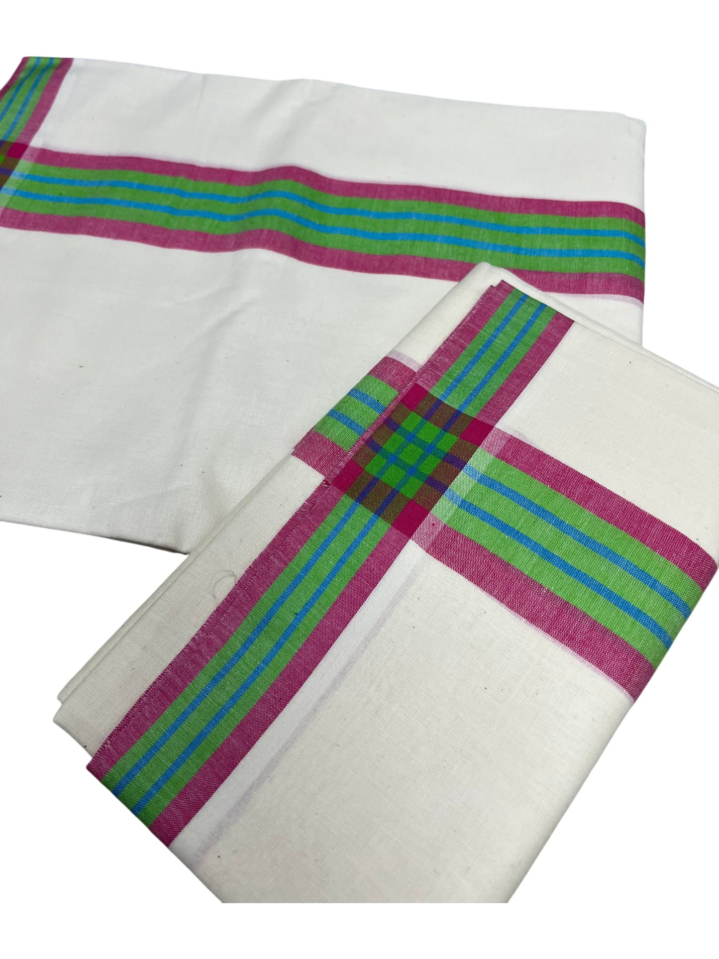 Southloom Kerala Mulloth Cotton Single Mundum Neriyathum with Pink and Green Border SL243