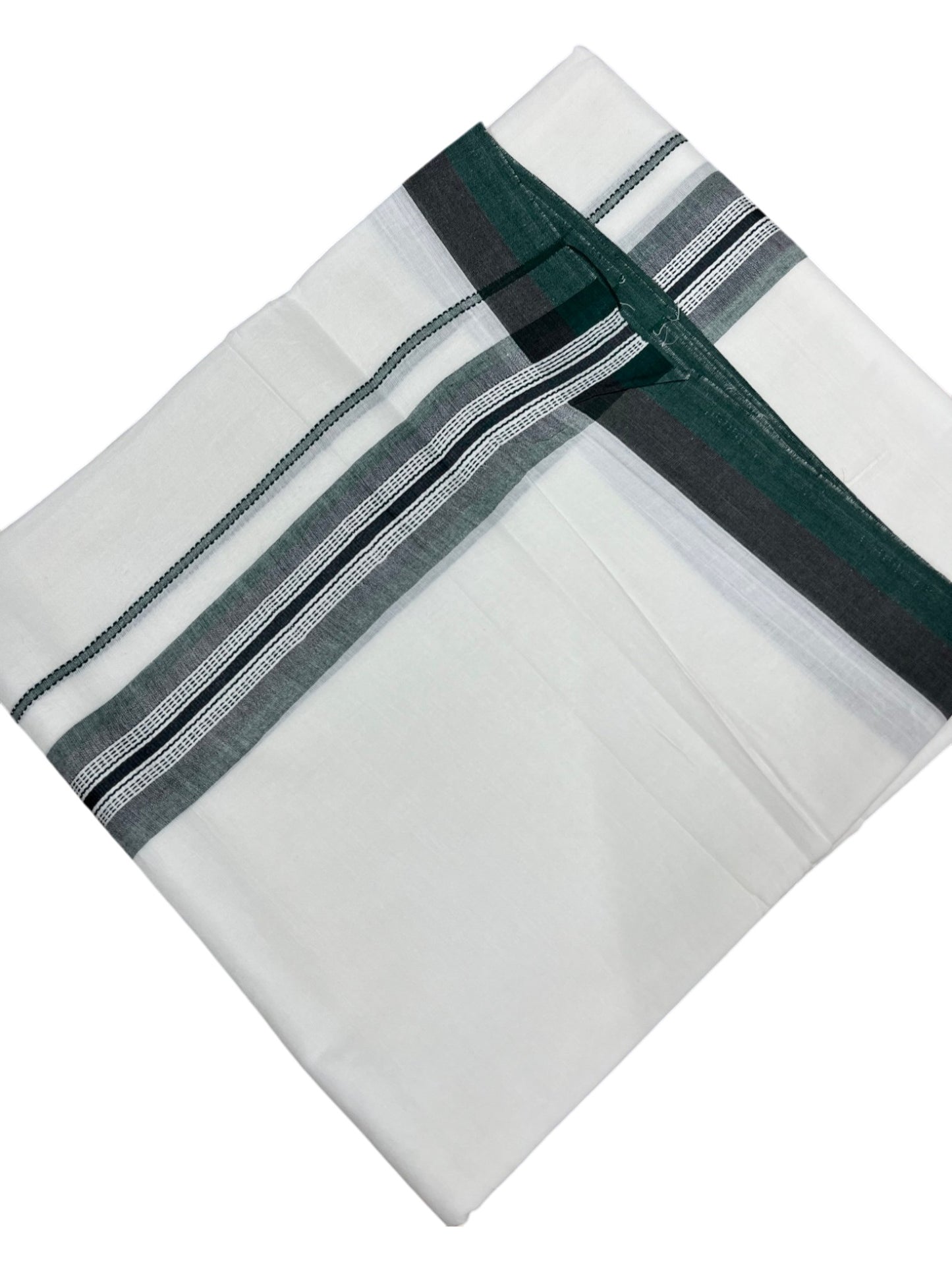 Southloom Pure White Cotton Double Mundu with Green and Grey Border (South Indian Dhoti)