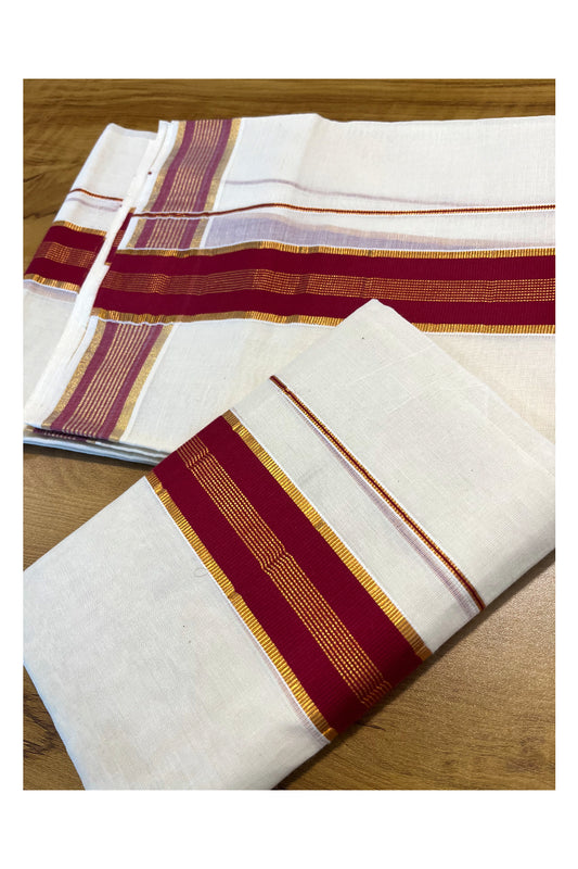 Kerala Cotton Set Mundu (Mundum Neriyathum) with Kasavu and Maroon Border