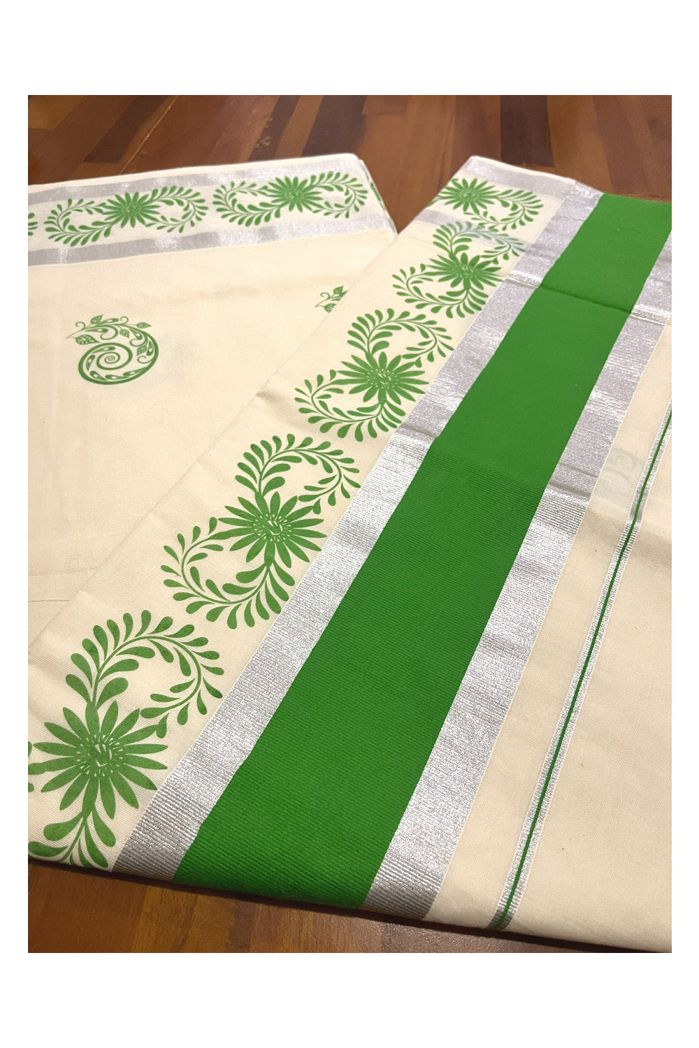 Pure Cotton Off White Kerala Saree with Light Green Floral Block Printed Silver Border (Onam Saree 2023)