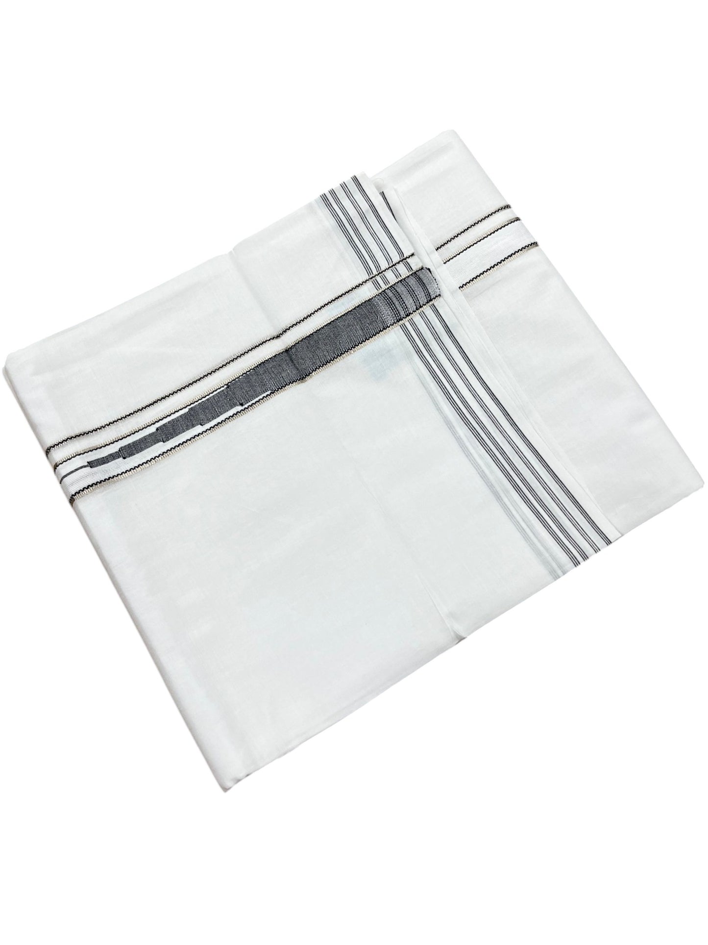 Pure White Cotton Double Mundu with Silver and Black Chutti Kara (South Indian Dhoti)
