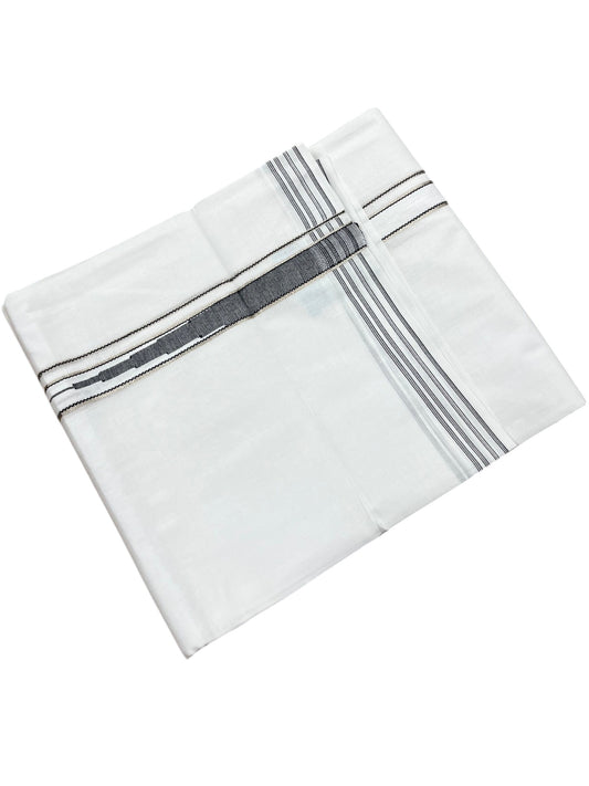 Pure White Cotton Double Mundu with Silver and Black Chutti Kara (South Indian Dhoti)
