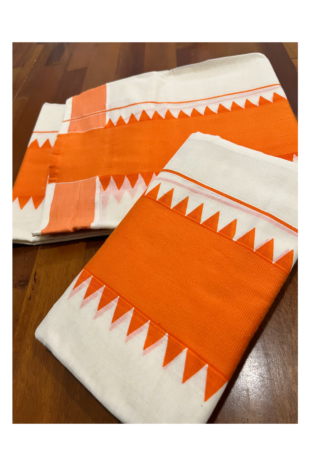 Kerala Pure Cotton Set Mundu Single (Mundum Neriyathum) with Orange Temple Border 2.80 Mtrs