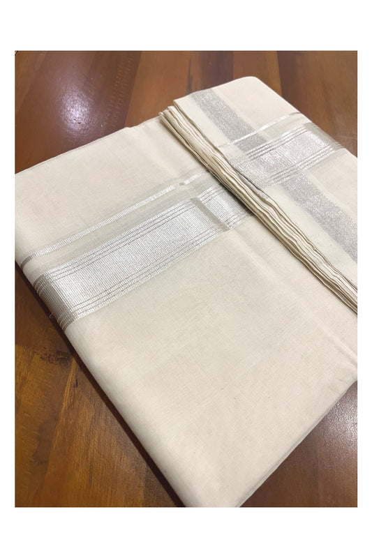 Southloom Premium Balaramapuram Unakkupaavu Wedding Handloom Mundu with Silver Kasavu Lines Border (South Indian Kerala Dhoti)