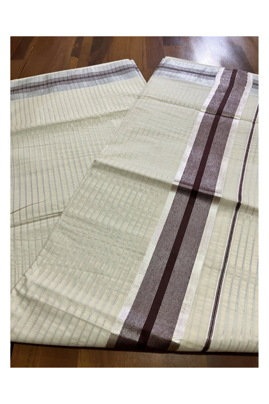 Pure Cotton Kerala Saree with Silver Kasavu Lines Across Body and Brown Border
