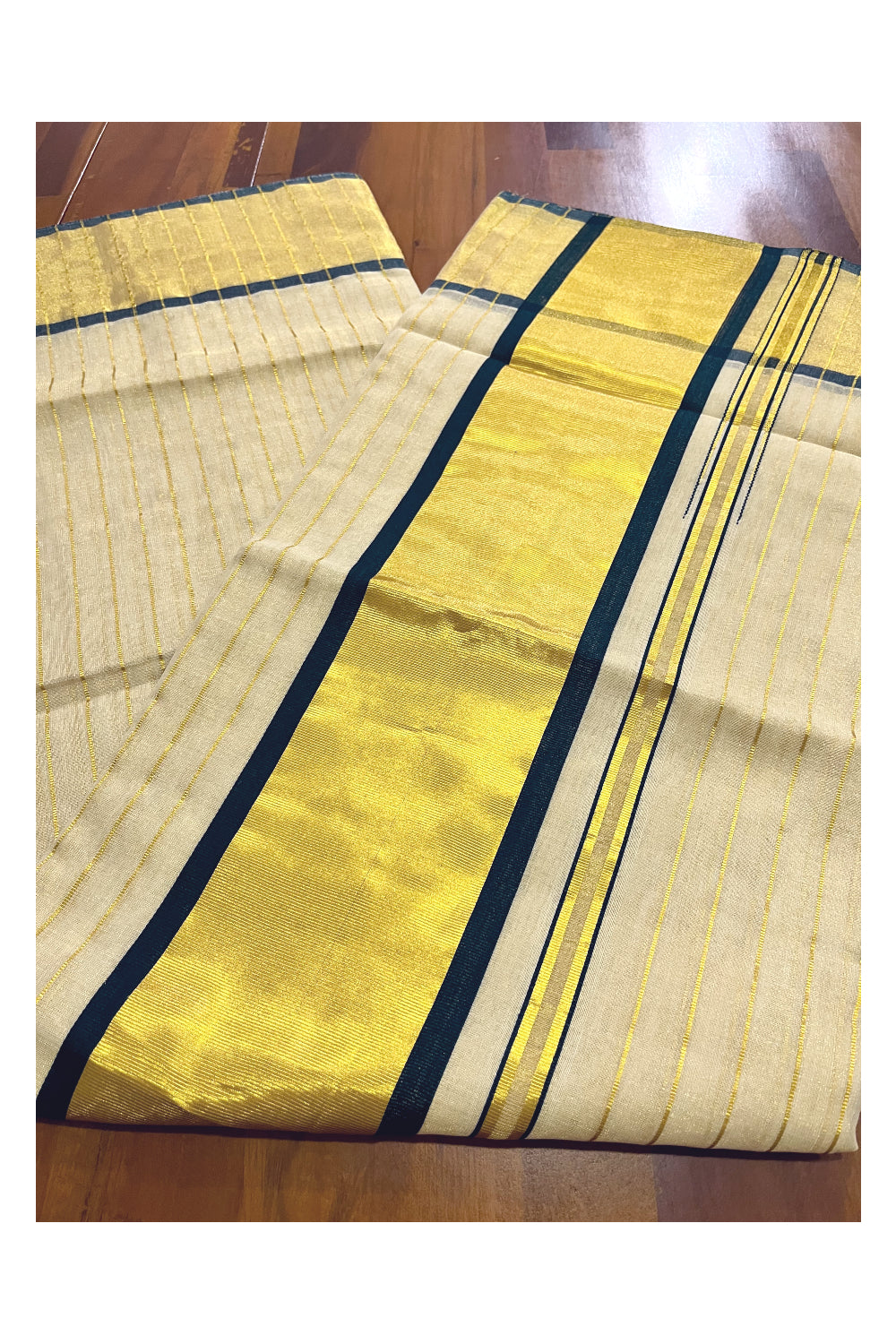 Southloom™ Premium Handloom Tissue Saree with Kasavu Lines Designs Across Body and Dark Green Border