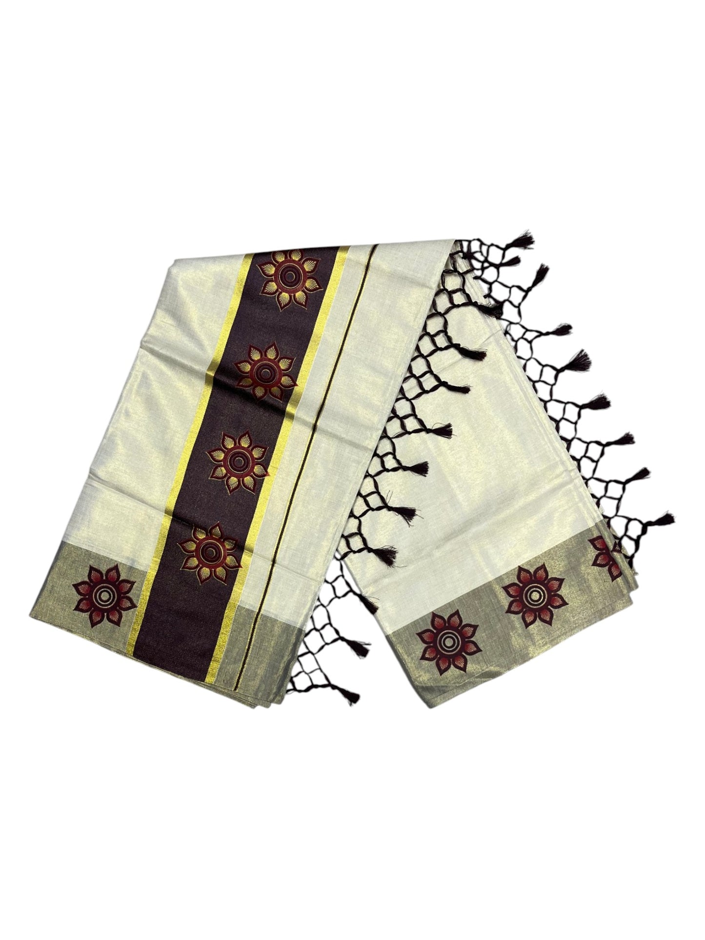 Southloom Kerala Tissue Kasavu Saree with Floral Block Prints in Brown Border