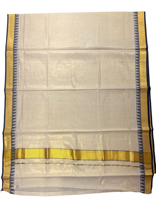 Southloom Pure Cotton Kerala Kasavu Saree with Blue Temple Border