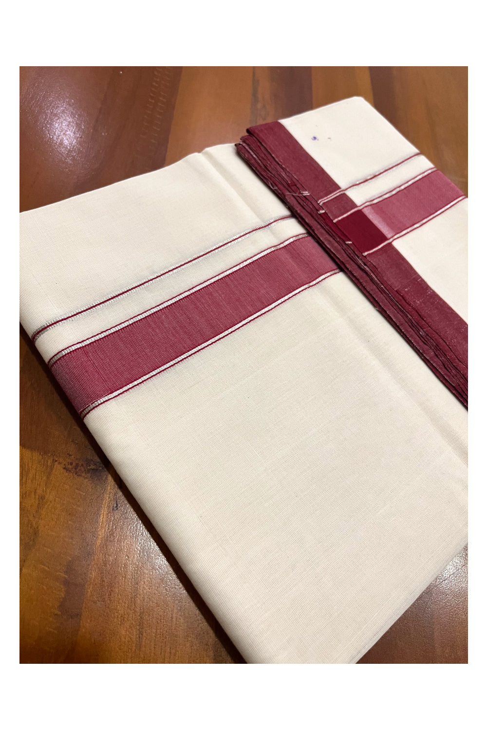 Southloom Premium Balaramapuram Unakkupaavu Handloom Mundu with Maroon and Silver Kasavu Border (South Indian Kerala Dhoti)