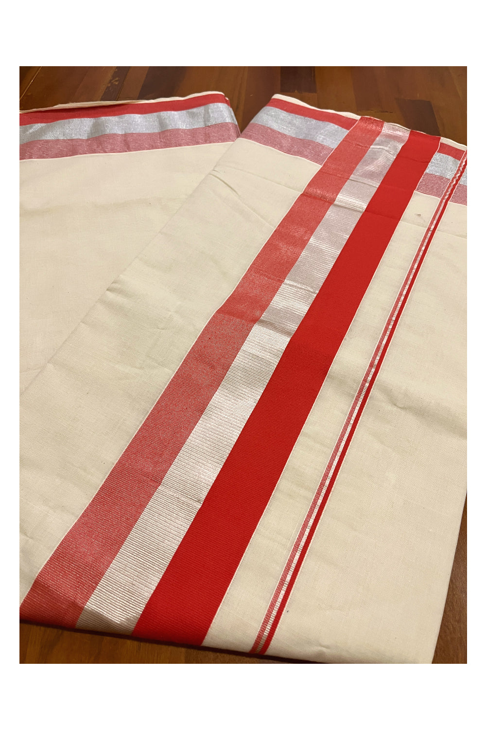 Kerala Pure Cotton Plain Saree with Silver Kasavu and Orange Border