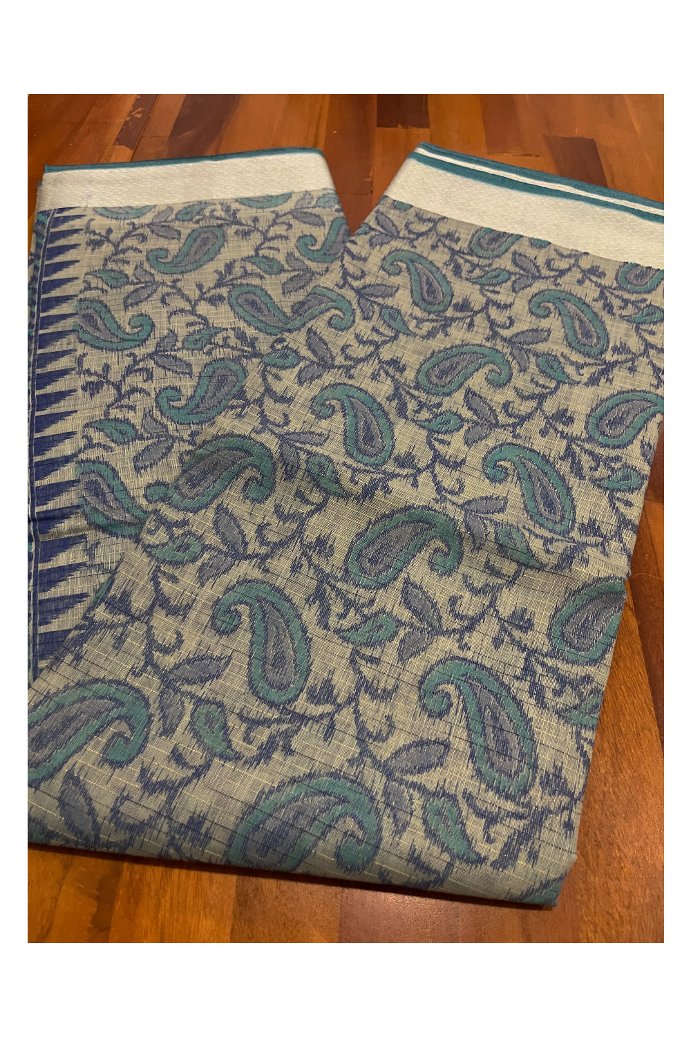 Southloom Cotton Teal Blue Paisley Printed Saree