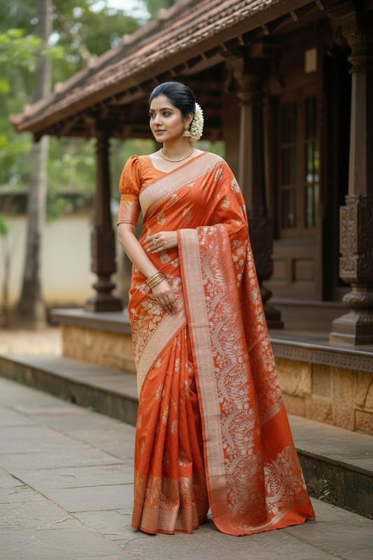 Southloom Pure Banarasi Silk Saree with Woven Work on Body and Borders (Orange)