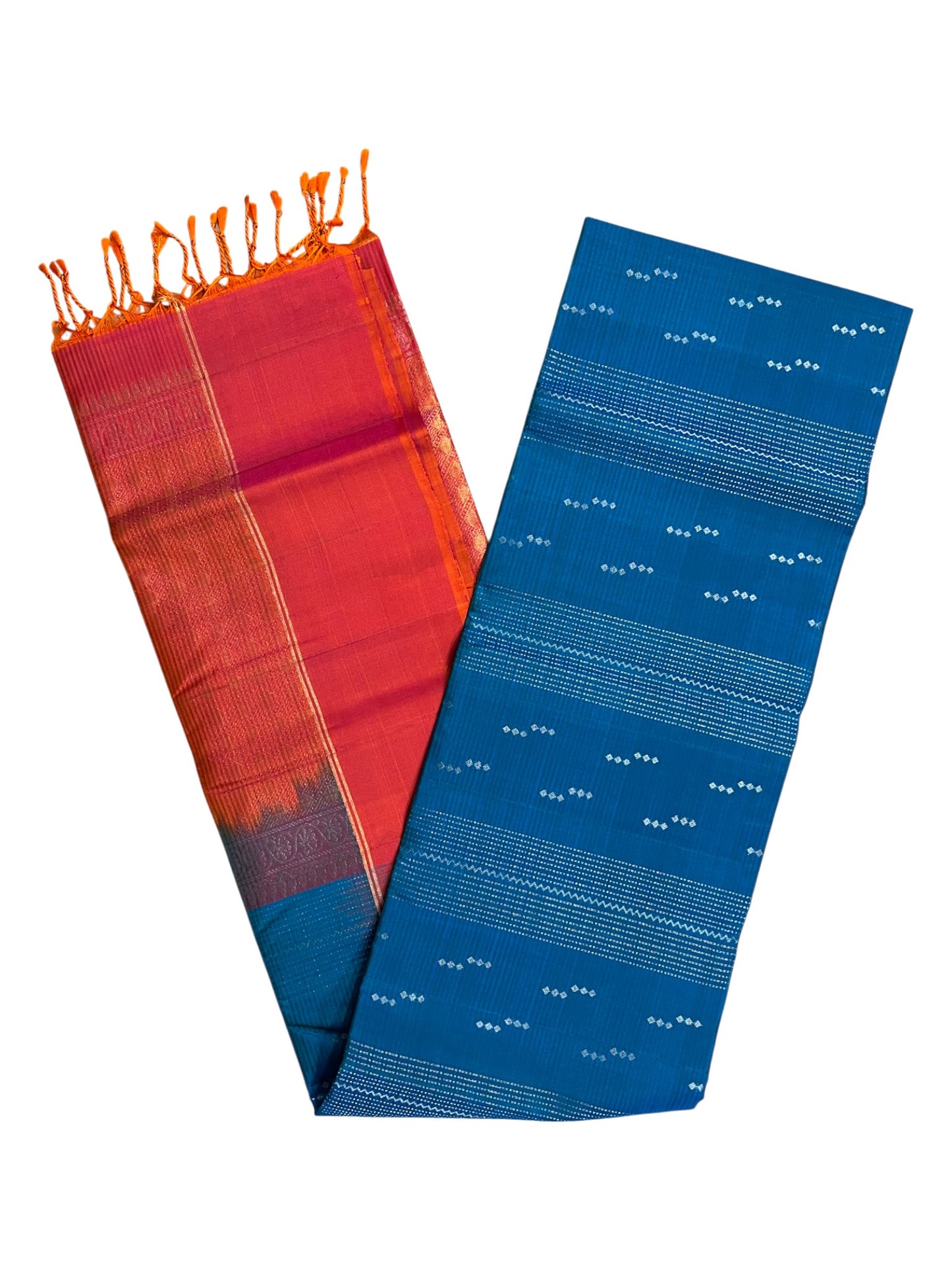 Southloom Pure Handloom Bridal Kanchipuram Silk Saree with Korvai Work (Blue & Orange)