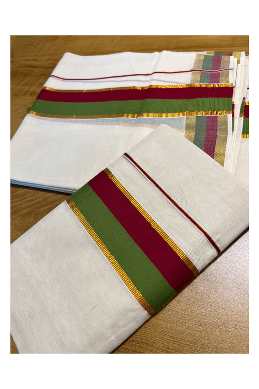 Kerala Cotton Mundum Neriyathum Single (Set Mundu) with Green Maroon and Kasavu Border 2. 80Mtrs