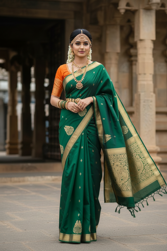 Southloom Pure Handloom Bridal Kanchipuram Silk Saree with Korvai Work(Green &Orange)