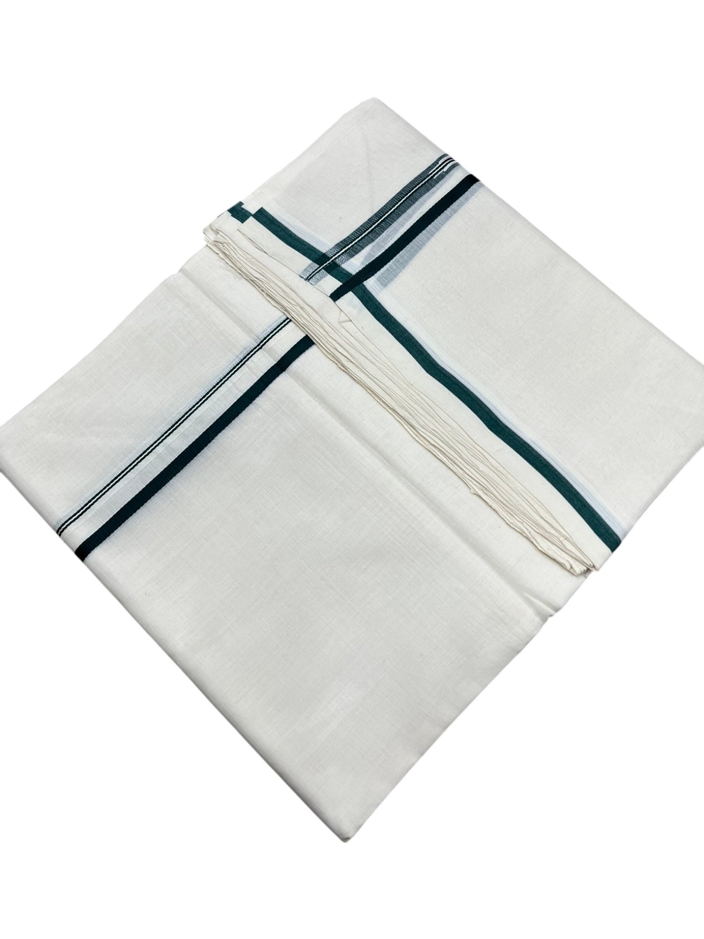 Southloom Premium Handloom Cotton Double Mundu with Green Chutti Kara Border
