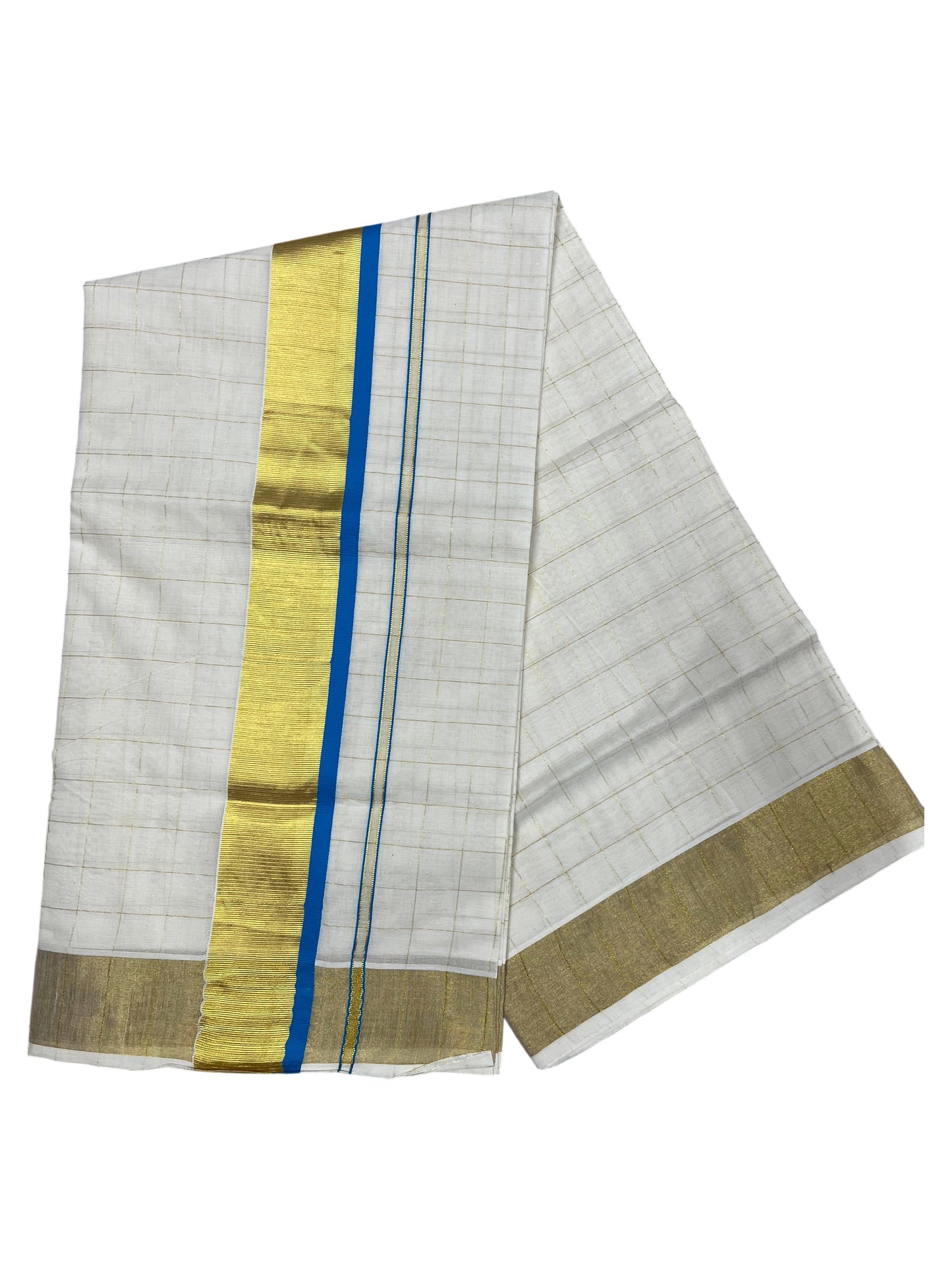 Southloom Pure Cotton  Kerala  Kasavu Woven Check Saree with Blue Border