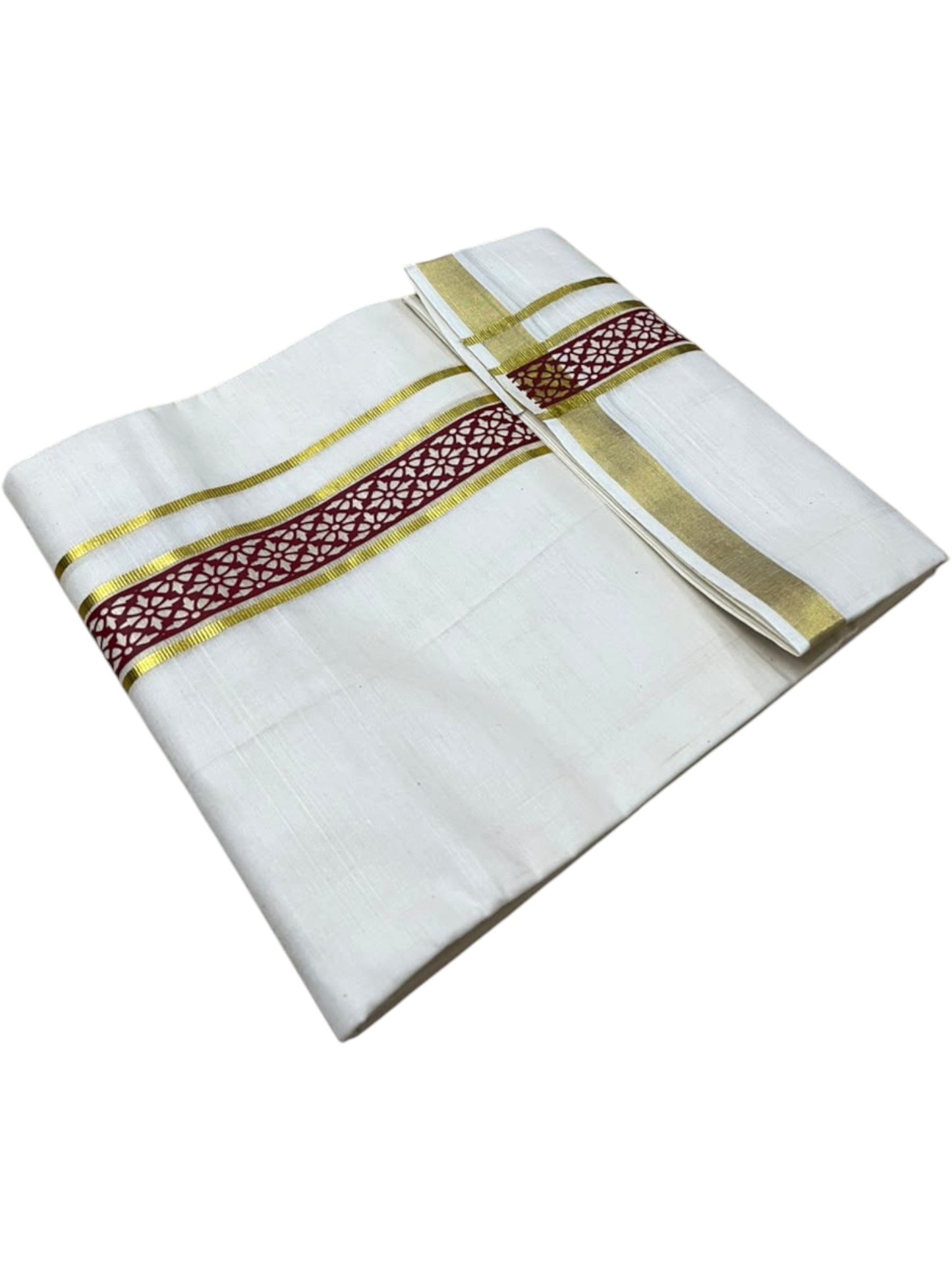 Southloom Pure Cotton Double Mundu with Maroon Block Printed And Ksavu Border (South Indian Kerala Dhoti)