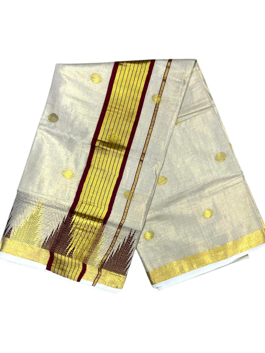 Southloom  Kerala Tissue Kasavu Saree with Temple Woven Work on Body and Maroon Border