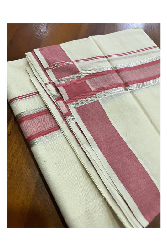 Kerala Cotton Off White Double Mundu with Silver Kasavu and Brick Red Border (South Indian Kerala Dhoti)