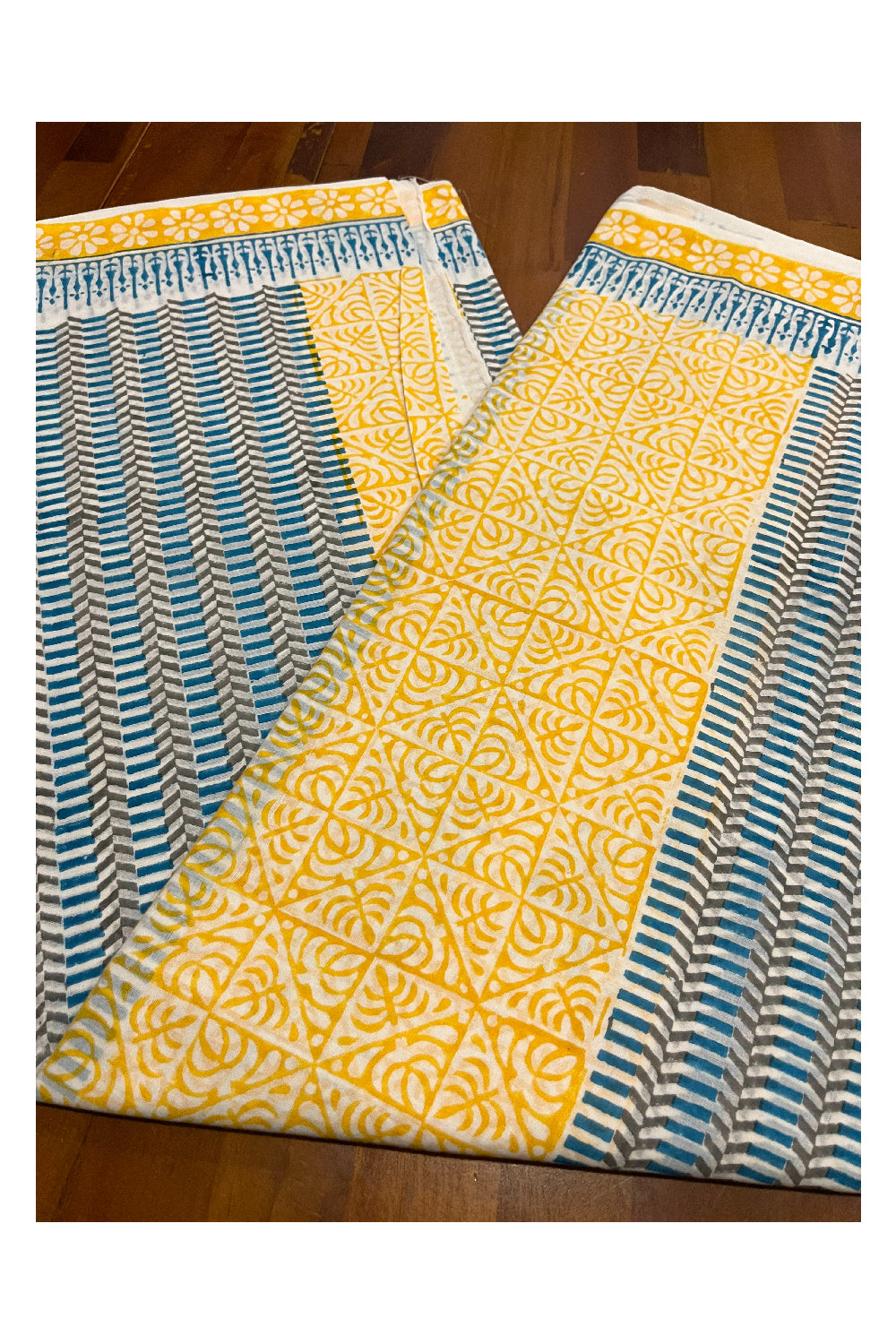 Southloom Mul Cotton Yellow Blue Designer Printed Saree