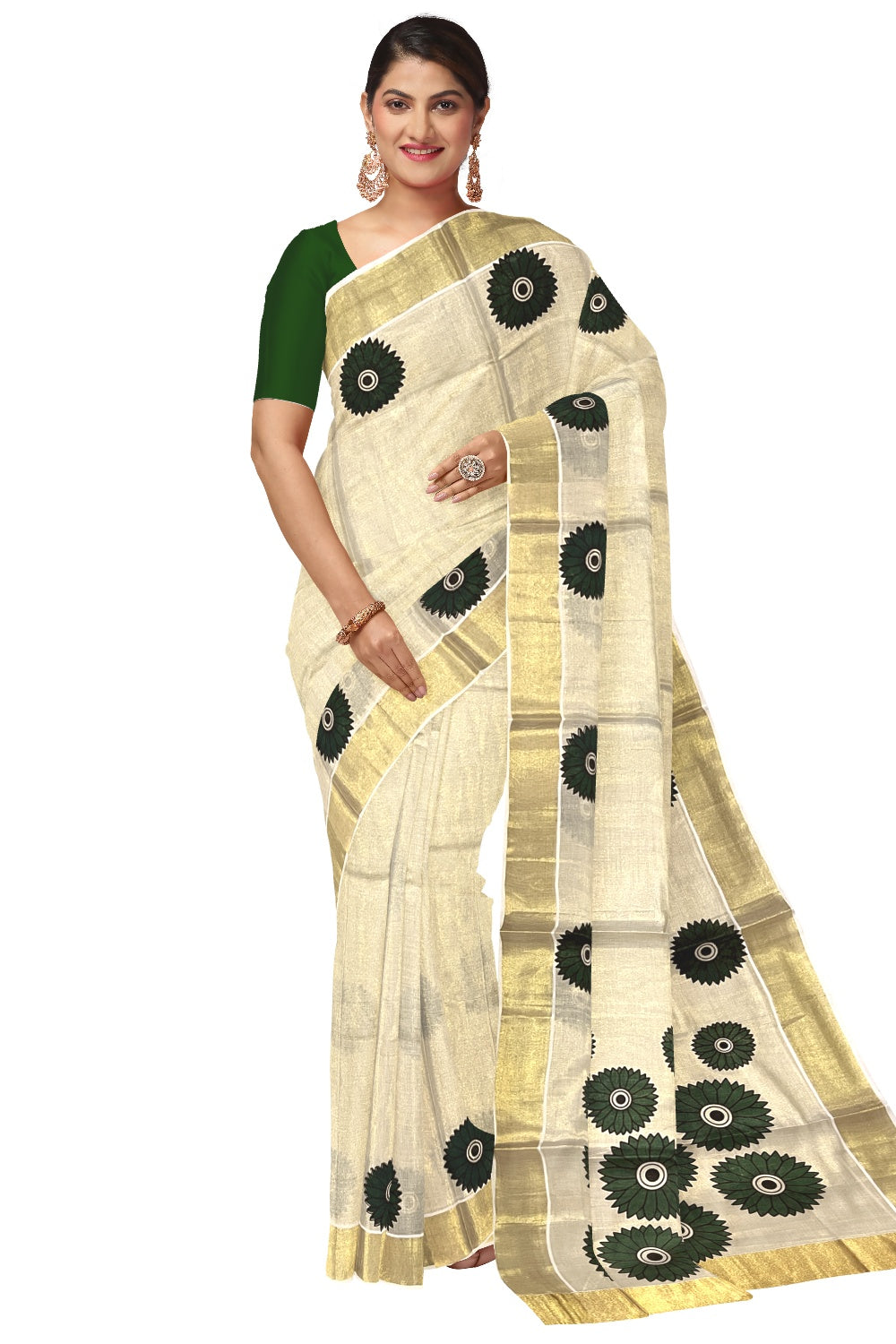 Southloom Exclusive Tissue Kasavu Saree With Green Sunflower Art On Body and Pallu