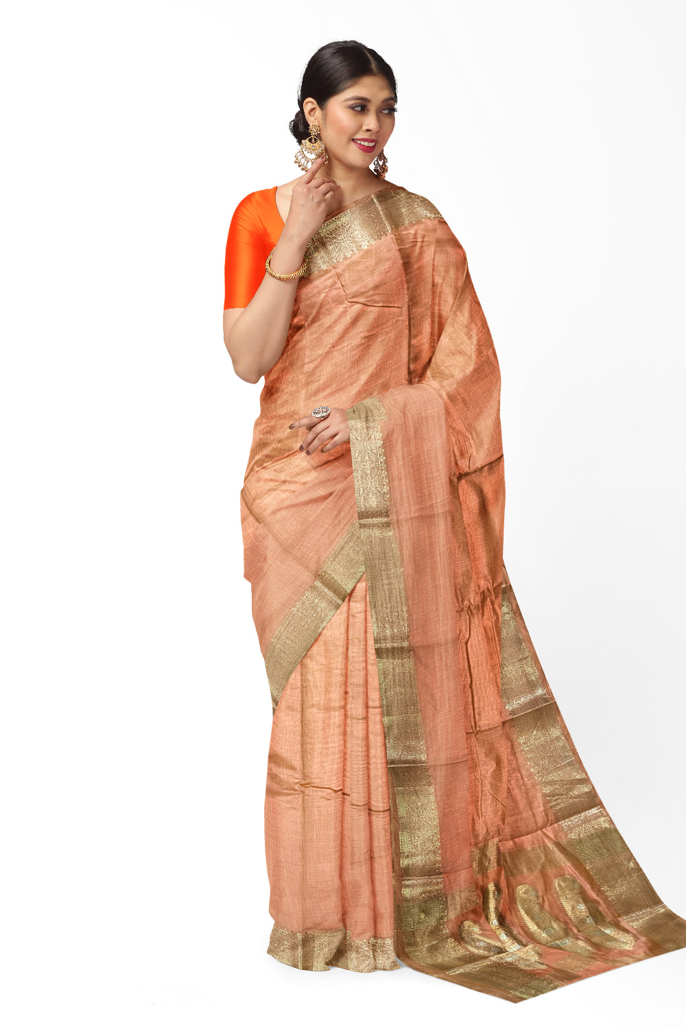 Southloom Cotton Plain Light Brown Saree with Kasavu Woven Border